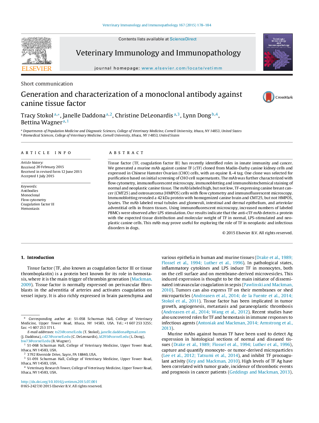 Generation and characterization of a monoclonal antibody against canine tissue factor