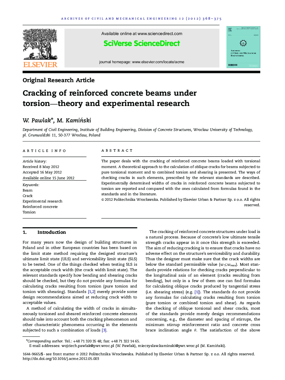 Cracking of reinforced concrete beams under torsion—theory and experimental research