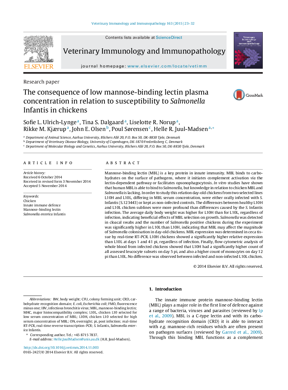 The consequence of low mannose-binding lectin plasma concentration in relation to susceptibility to Salmonella Infantis in chickens