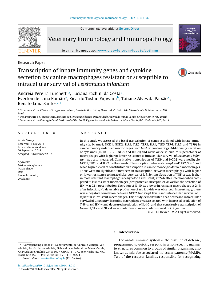 Transcription of innate immunity genes and cytokine secretion by canine macrophages resistant or susceptible to intracellular survival of Leishmania infantum