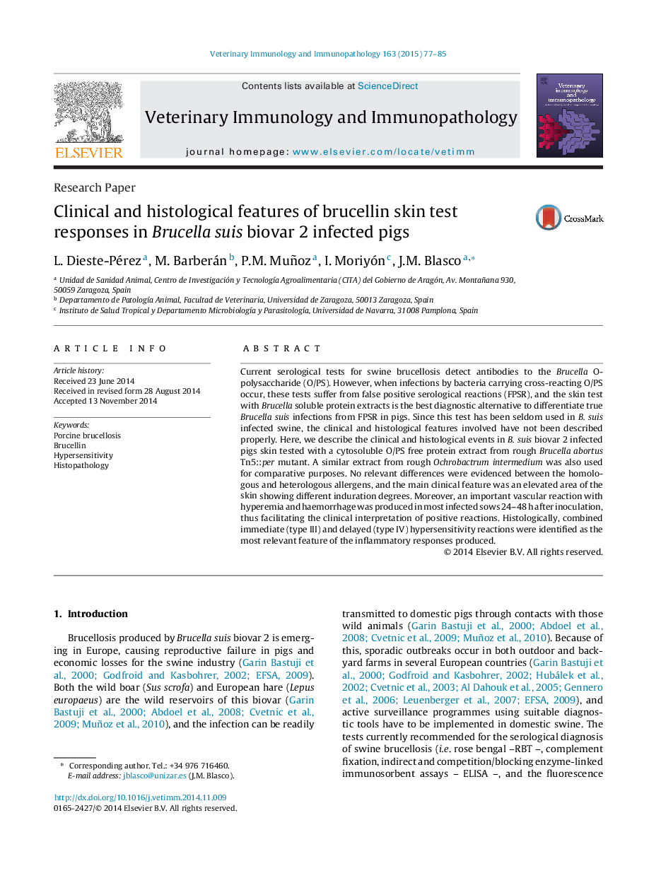 Clinical and histological features of brucellin skin test responses in Brucella suis biovar 2 infected pigs