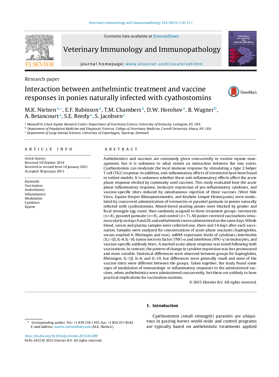 Interaction between anthelmintic treatment and vaccine responses in ponies naturally infected with cyathostomins