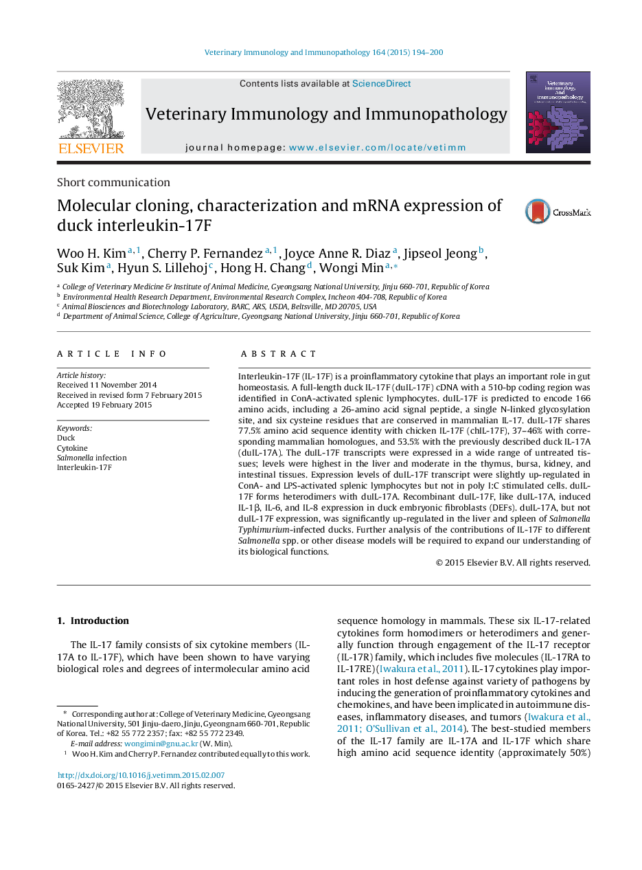 Molecular cloning, characterization and mRNA expression of duck interleukin-17F