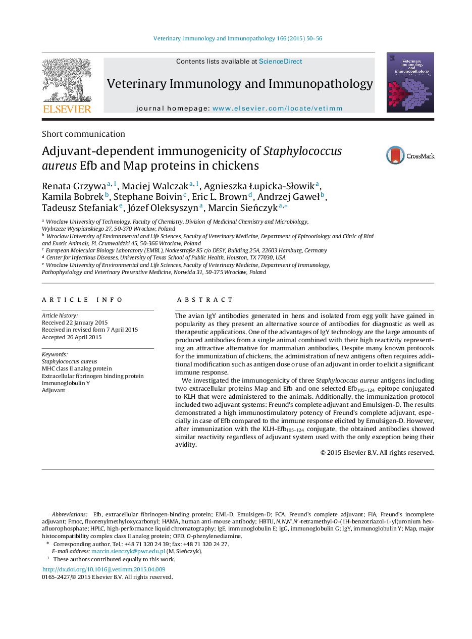 Adjuvant-dependent immunogenicity of Staphylococcus aureus Efb and Map proteins in chickens