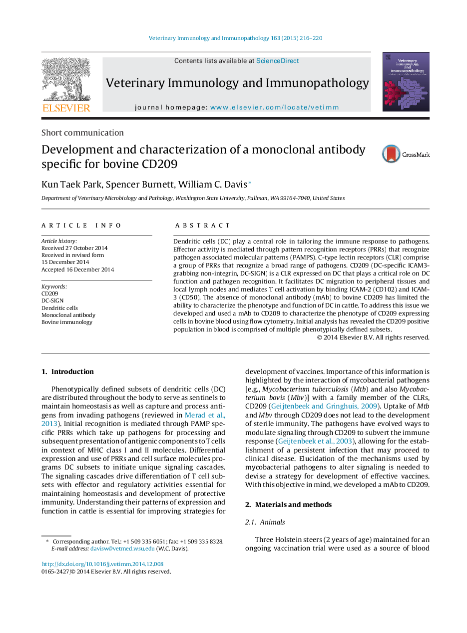 Development and characterization of a monoclonal antibody specific for bovine CD209