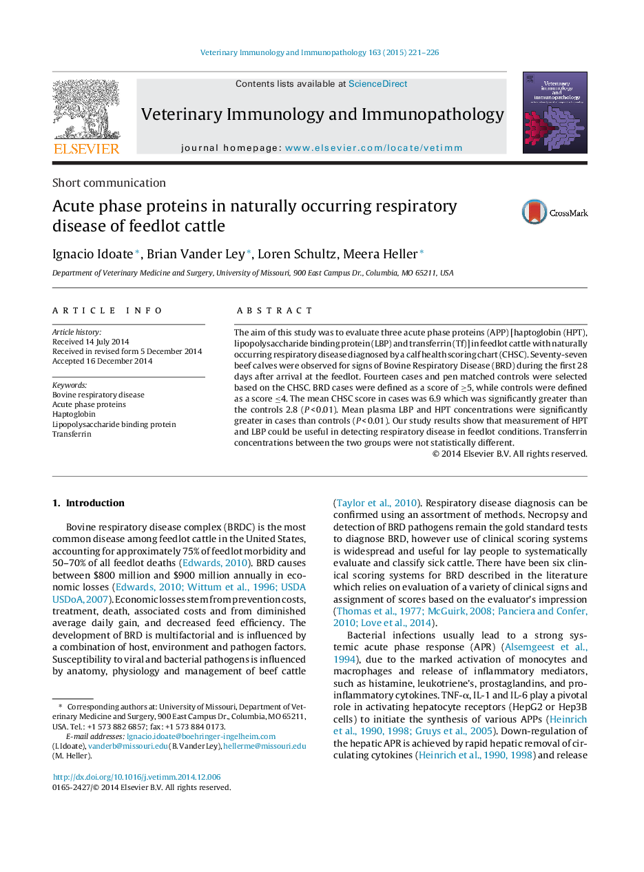 Acute phase proteins in naturally occurring respiratory disease of feedlot cattle