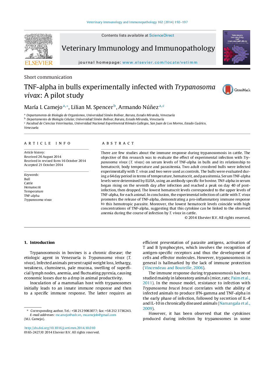 TNF-alpha in bulls experimentally infected with Trypanosoma vivax: A pilot study