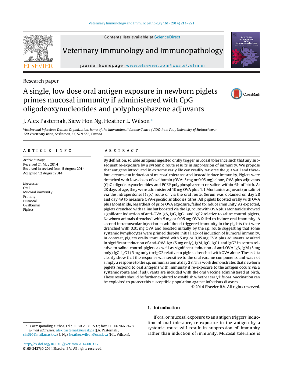 A single, low dose oral antigen exposure in newborn piglets primes mucosal immunity if administered with CpG oligodeoxynucleotides and polyphosphazene adjuvants