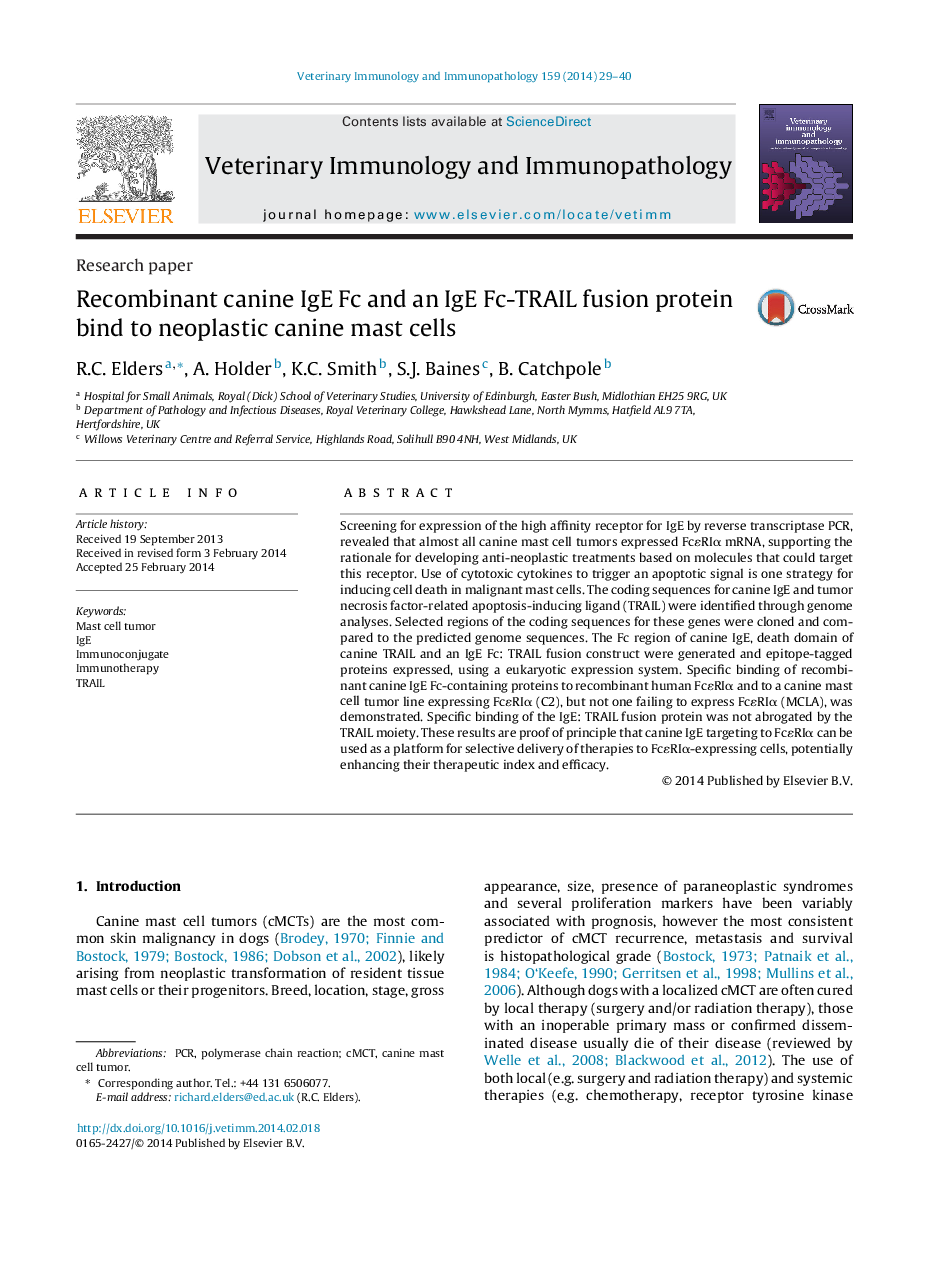 Recombinant canine IgE Fc and an IgE Fc-TRAIL fusion protein bind to neoplastic canine mast cells