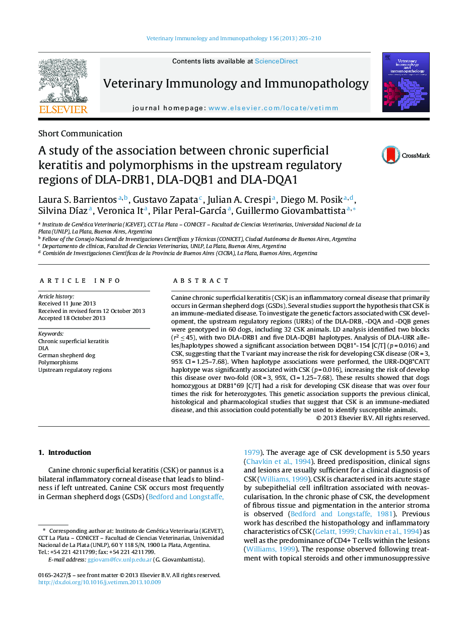 A study of the association between chronic superficial keratitis and polymorphisms in the upstream regulatory regions of DLA-DRB1, DLA-DQB1 and DLA-DQA1
