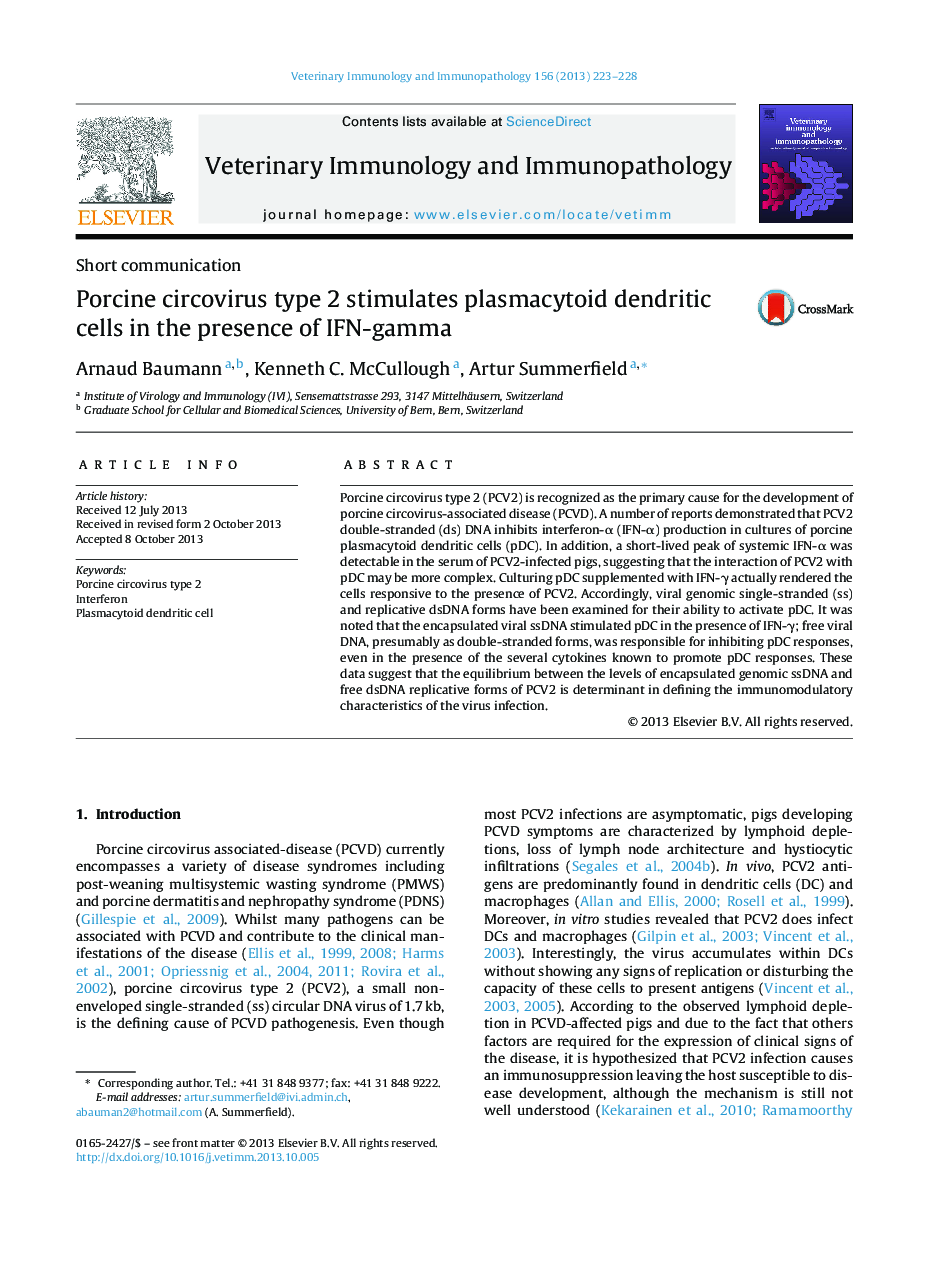 Porcine circovirus type 2 stimulates plasmacytoid dendritic cells in the presence of IFN-gamma