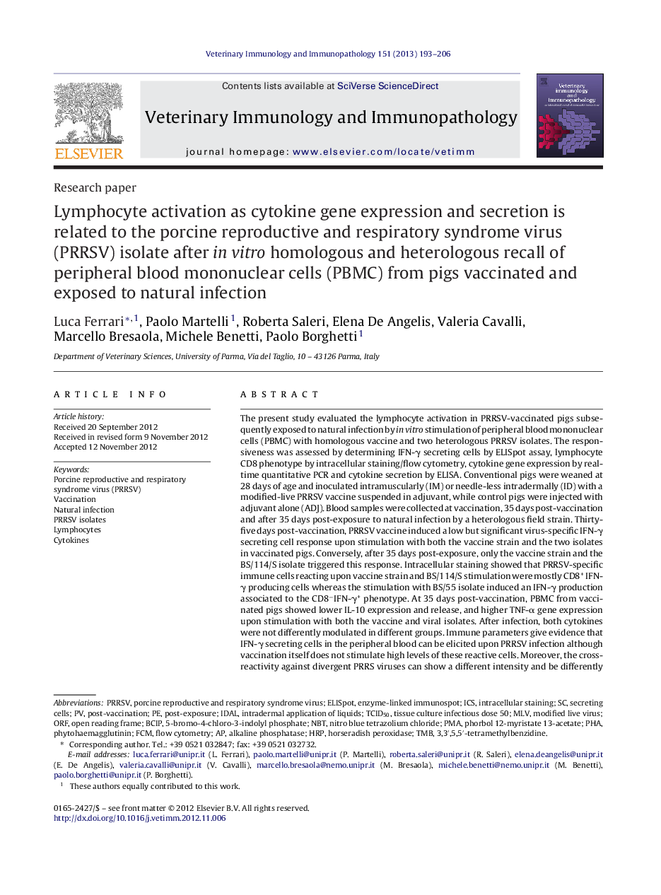 Lymphocyte activation as cytokine gene expression and secretion is related to the porcine reproductive and respiratory syndrome virus (PRRSV) isolate after in vitro homologous and heterologous recall of peripheral blood mononuclear cells (PBMC) from pigs 