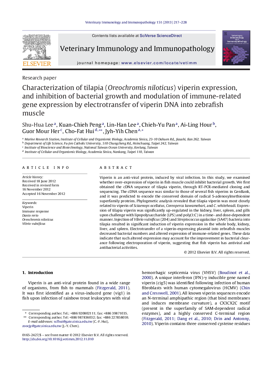 Characterization of tilapia (Oreochromis niloticus) viperin expression, and inhibition of bacterial growth and modulation of immune-related gene expression by electrotransfer of viperin DNA into zebrafish muscle