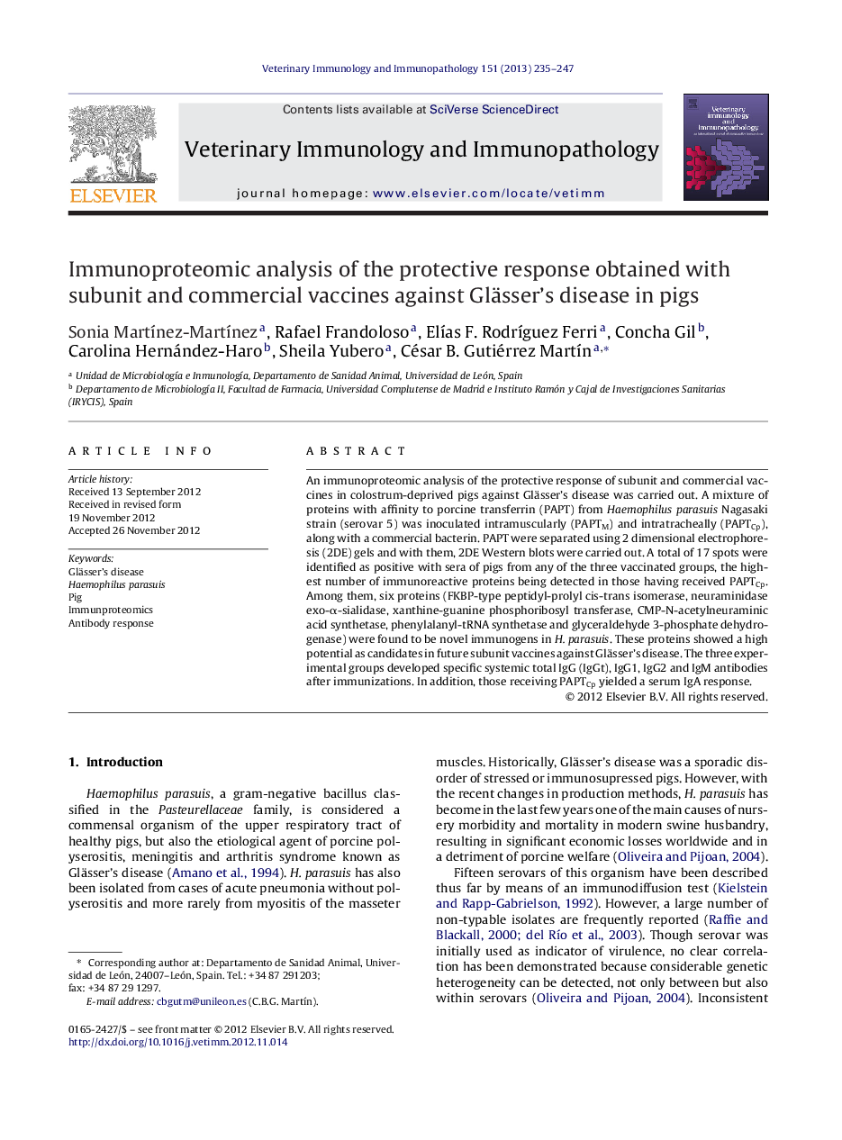 Immunoproteomic analysis of the protective response obtained with subunit and commercial vaccines against Glässer's disease in pigs