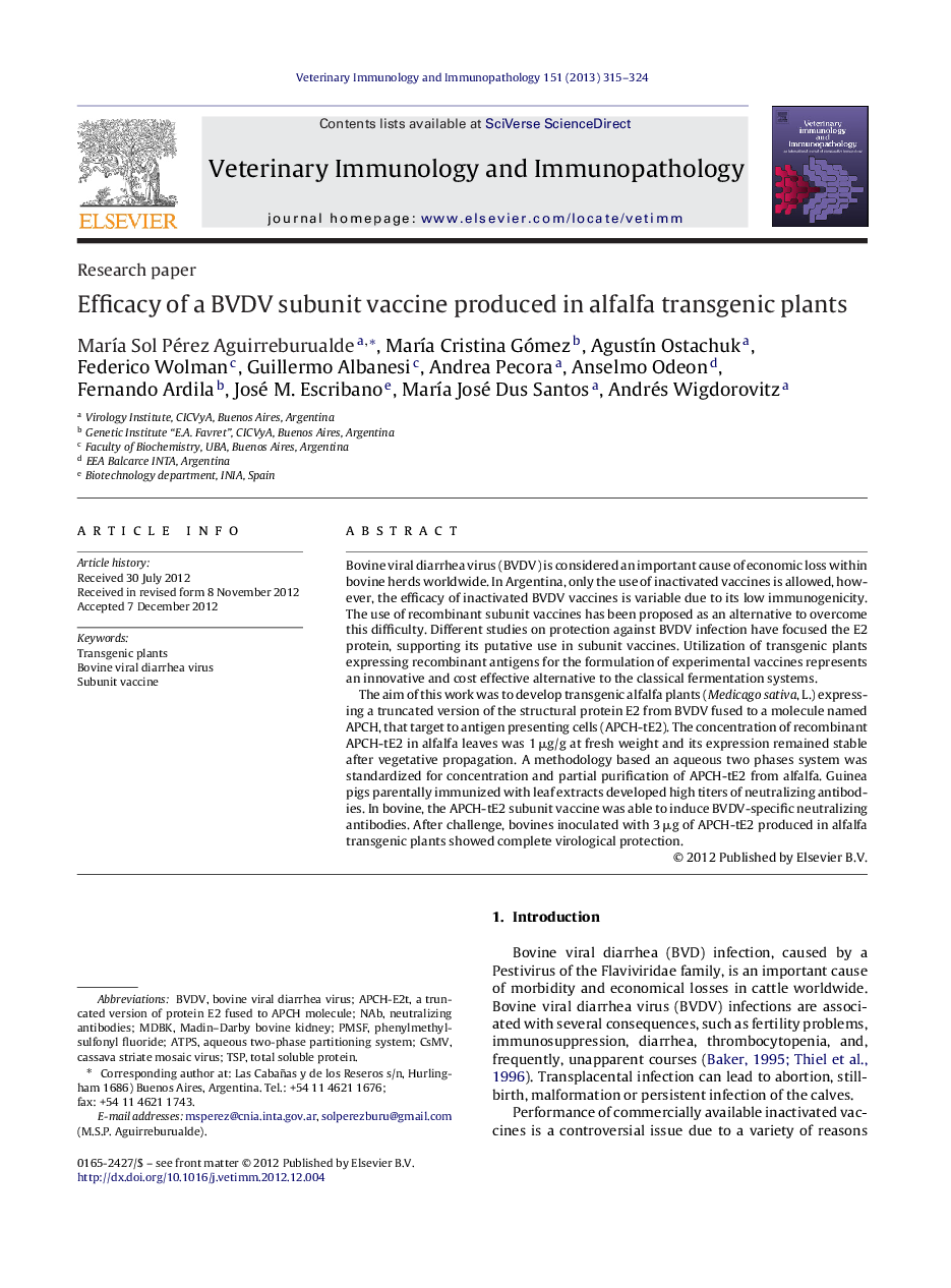 Efficacy of a BVDV subunit vaccine produced in alfalfa transgenic plants