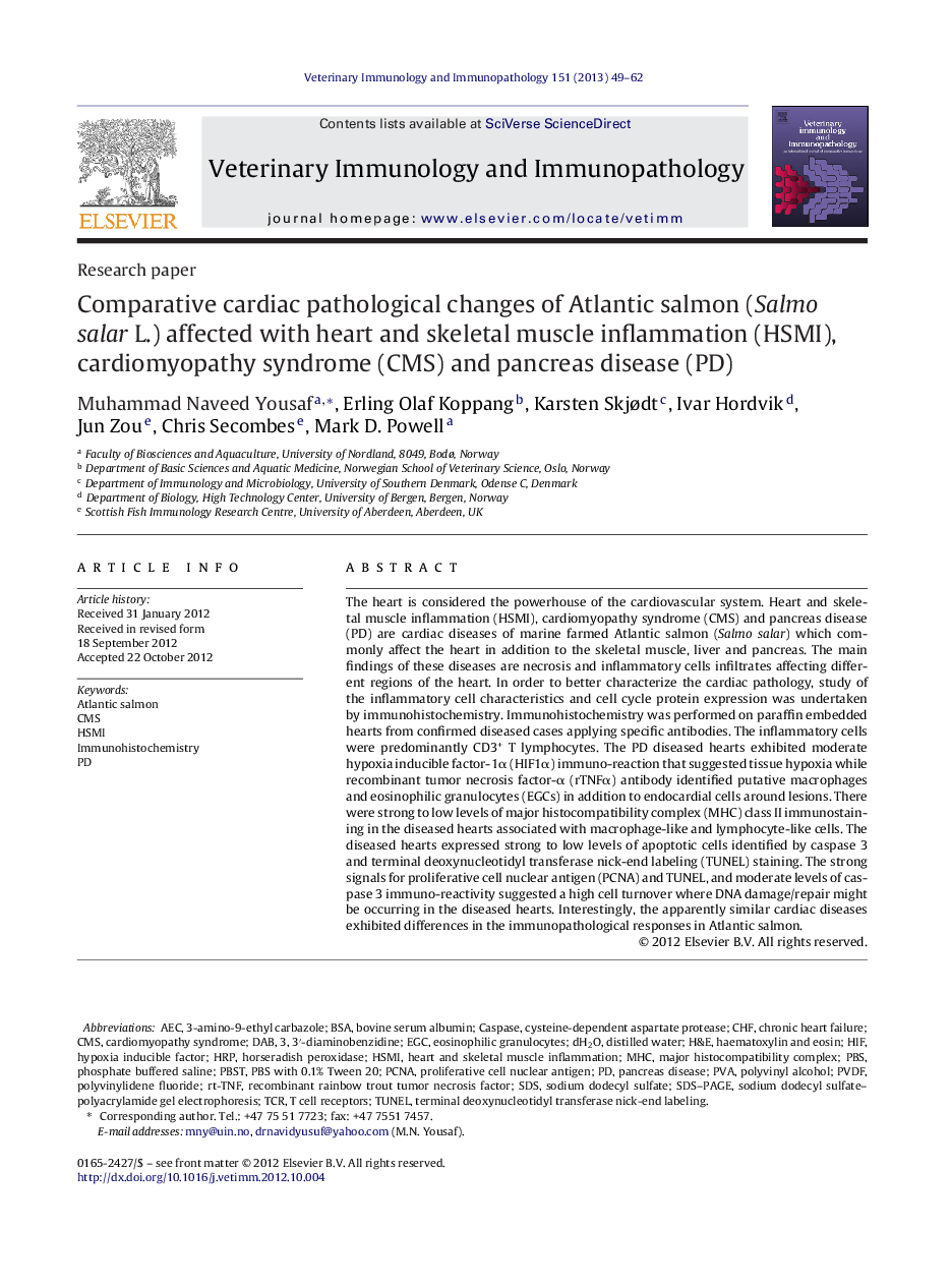 Comparative cardiac pathological changes of Atlantic salmon (Salmo salar L.) affected with heart and skeletal muscle inflammation (HSMI), cardiomyopathy syndrome (CMS) and pancreas disease (PD)