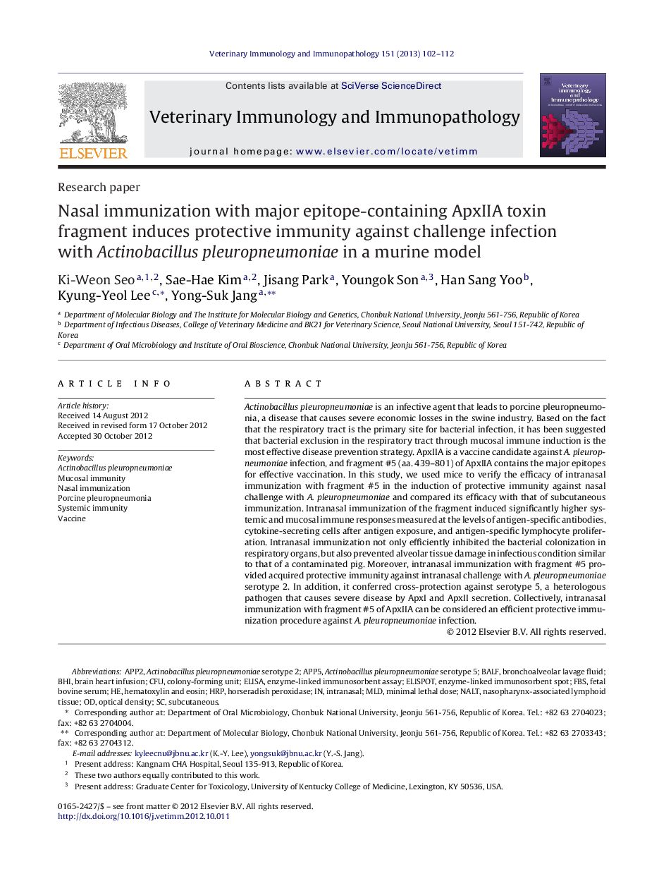 Nasal immunization with major epitope-containing ApxIIA toxin fragment induces protective immunity against challenge infection with Actinobacillus pleuropneumoniae in a murine model