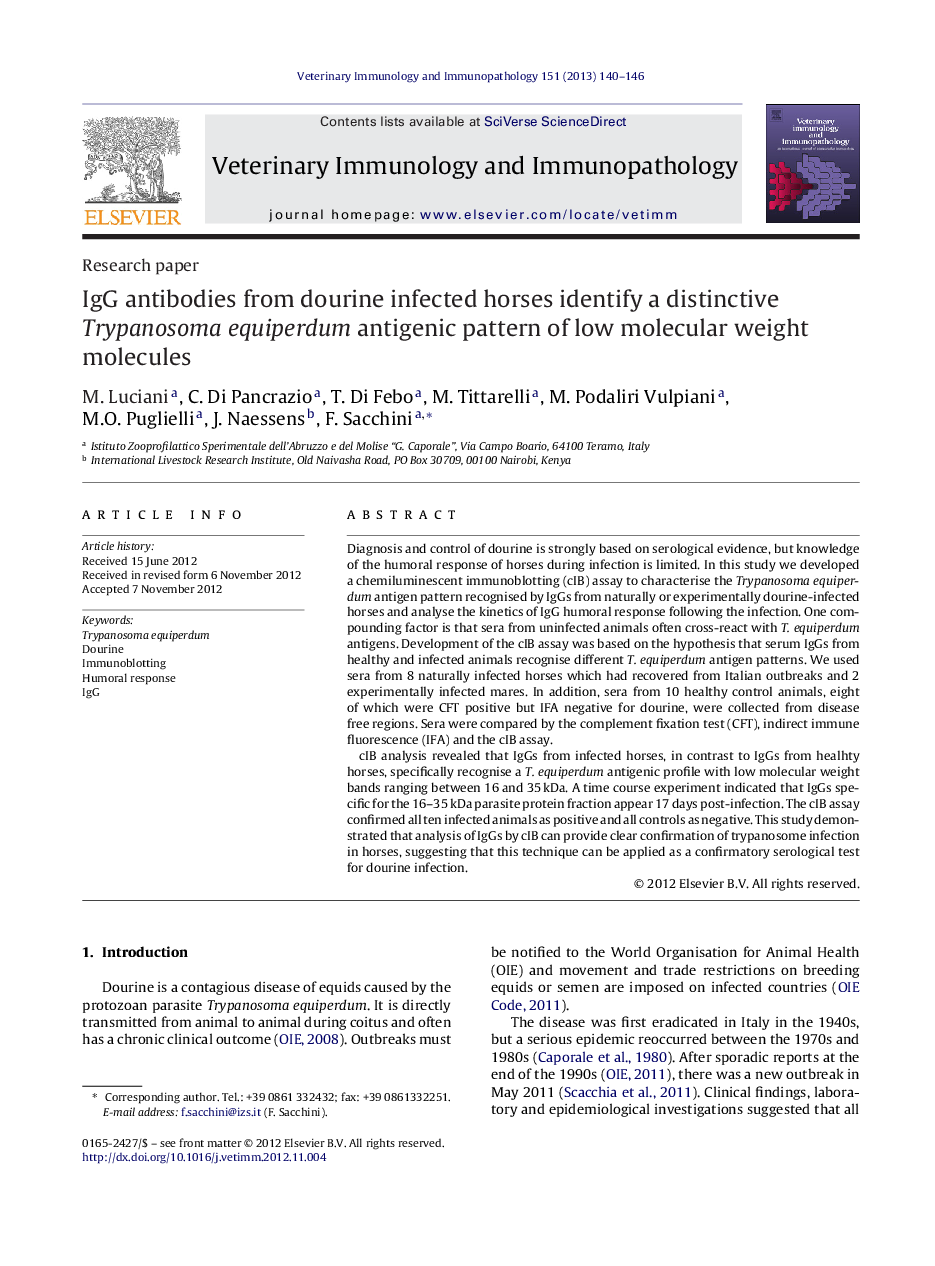 IgG antibodies from dourine infected horses identify a distinctive Trypanosoma equiperdum antigenic pattern of low molecular weight molecules