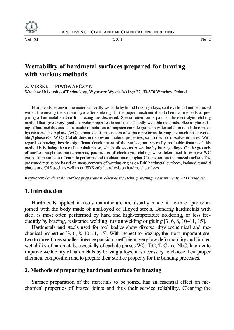 Wettability of hardmetal surfaces prepared for brazing with various methods