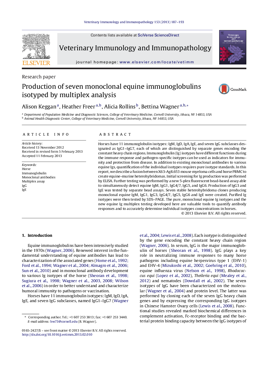 Production of seven monoclonal equine immunoglobulins isotyped by multiplex analysis