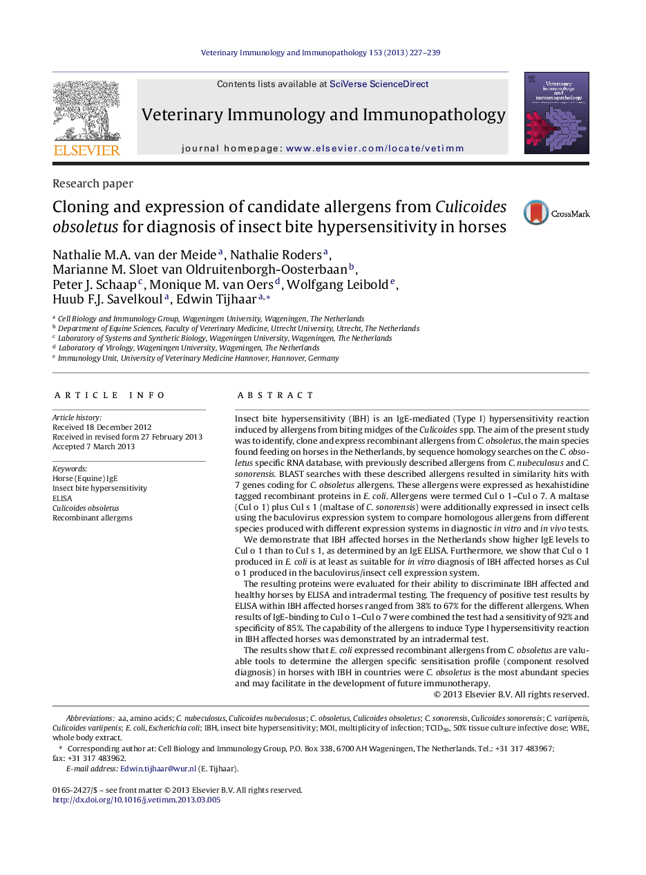 Cloning and expression of candidate allergens from Culicoides obsoletus for diagnosis of insect bite hypersensitivity in horses