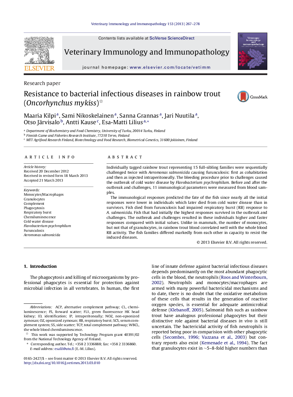 Resistance to bacterial infectious diseases in rainbow trout (Oncorhynchus mykiss) 