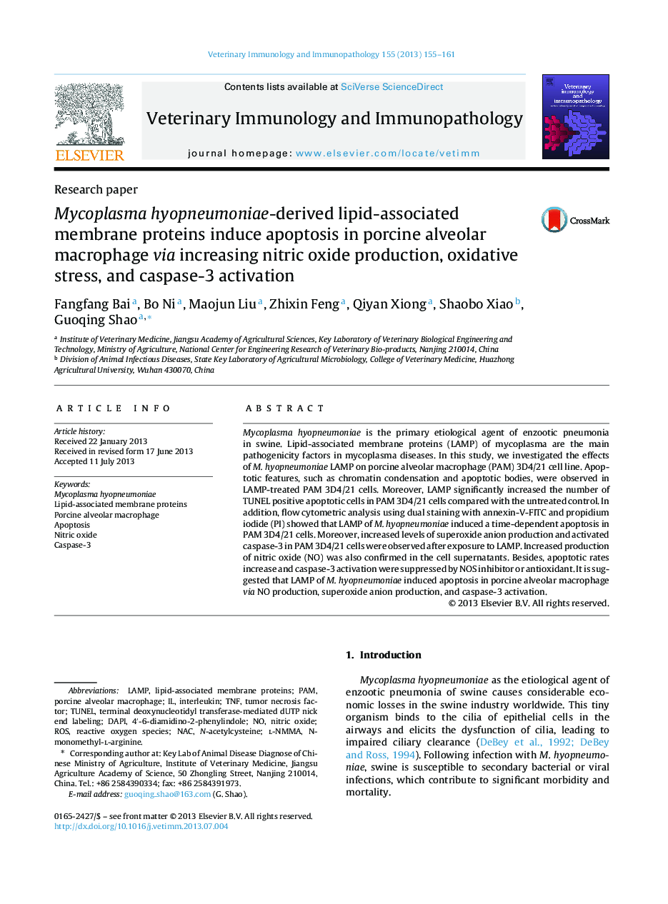 Mycoplasma hyopneumoniae-derived lipid-associated membrane proteins induce apoptosis in porcine alveolar macrophage via increasing nitric oxide production, oxidative stress, and caspase-3 activation