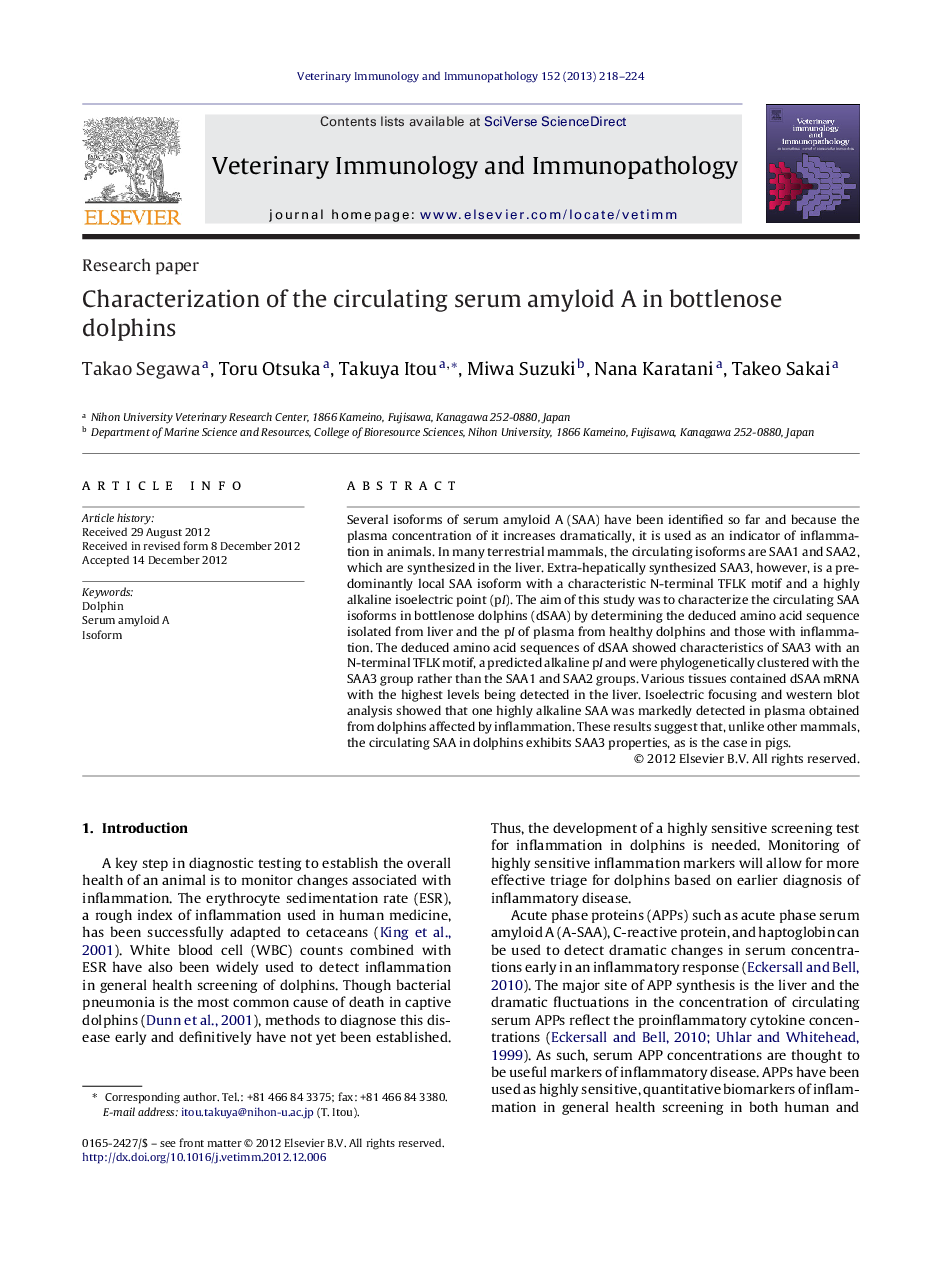 Characterization of the circulating serum amyloid A in bottlenose dolphins