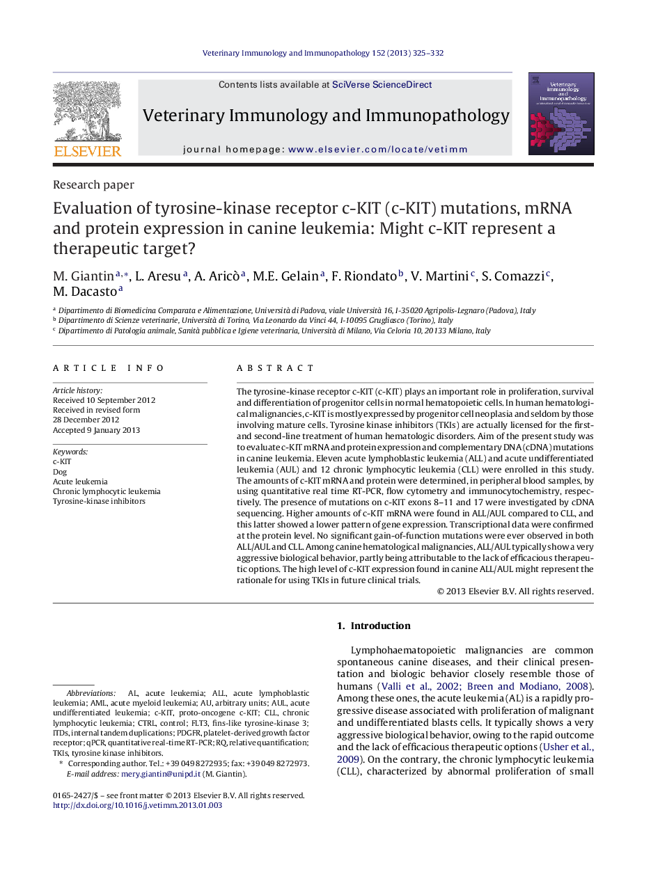 Evaluation of tyrosine-kinase receptor c-KIT (c-KIT) mutations, mRNA and protein expression in canine leukemia: Might c-KIT represent a therapeutic target?