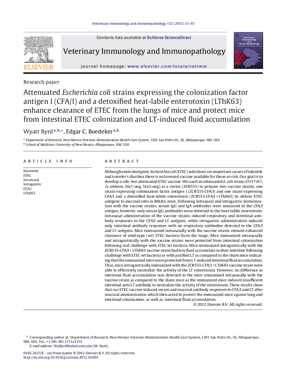 Attenuated Escherichia coli strains expressing the colonization factor antigen I (CFA/I) and a detoxified heat-labile enterotoxin (LThK63) enhance clearance of ETEC from the lungs of mice and protect mice from intestinal ETEC colonization and LT-induced f