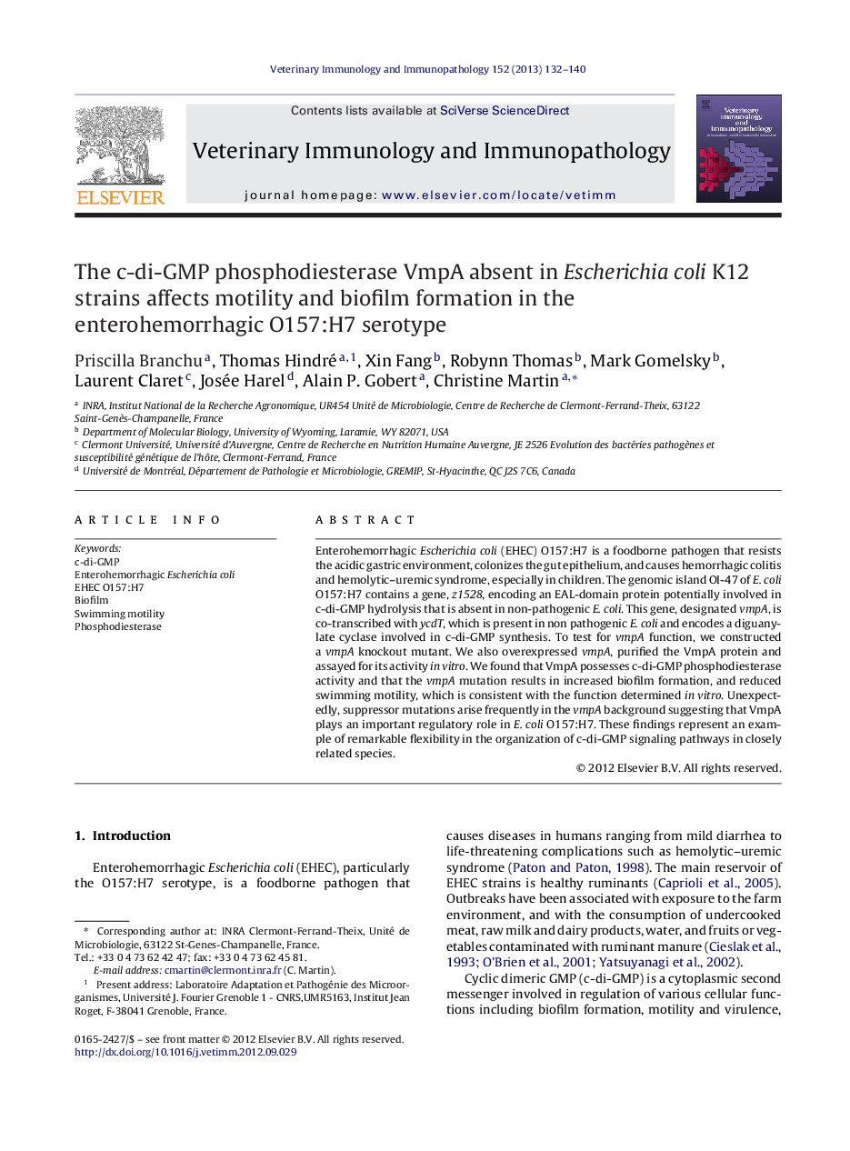 The c-di-GMP phosphodiesterase VmpA absent in Escherichia coli K12 strains affects motility and biofilm formation in the enterohemorrhagic O157:H7 serotype