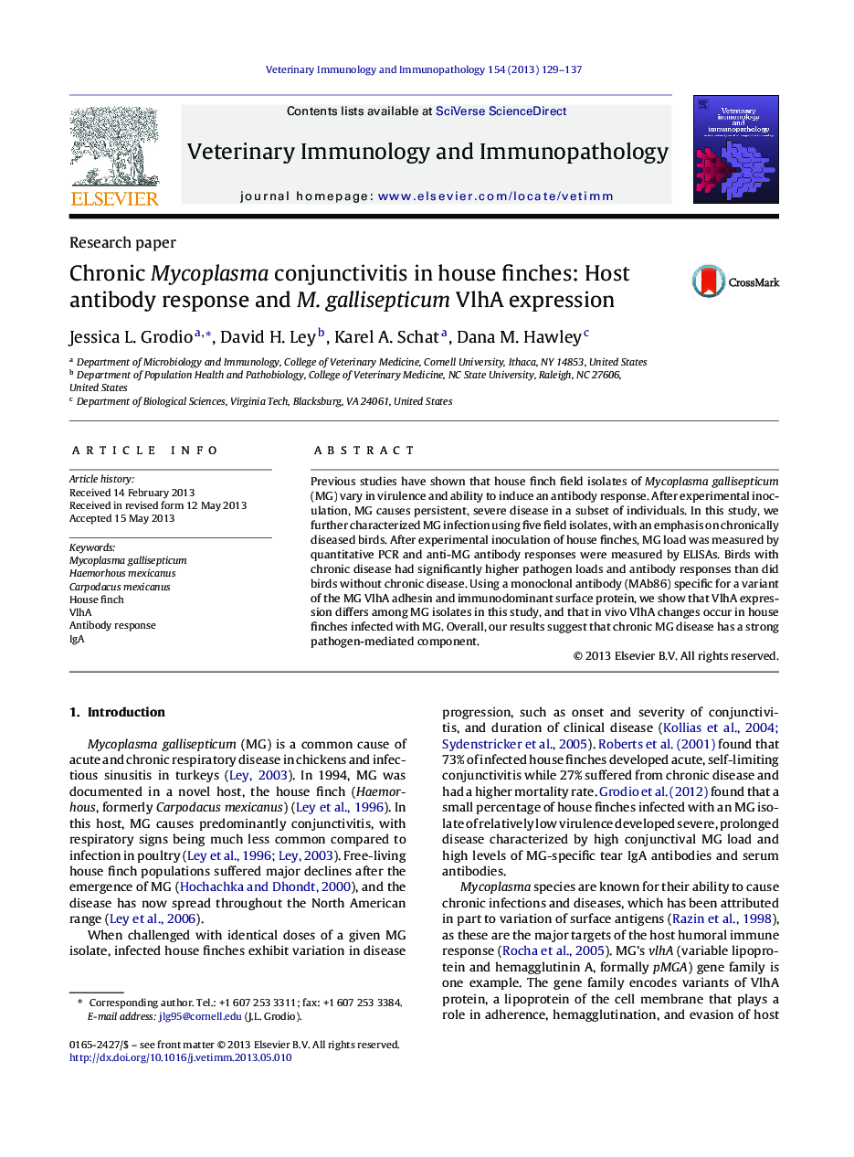 Chronic Mycoplasma conjunctivitis in house finches: Host antibody response and M. gallisepticum VlhA expression