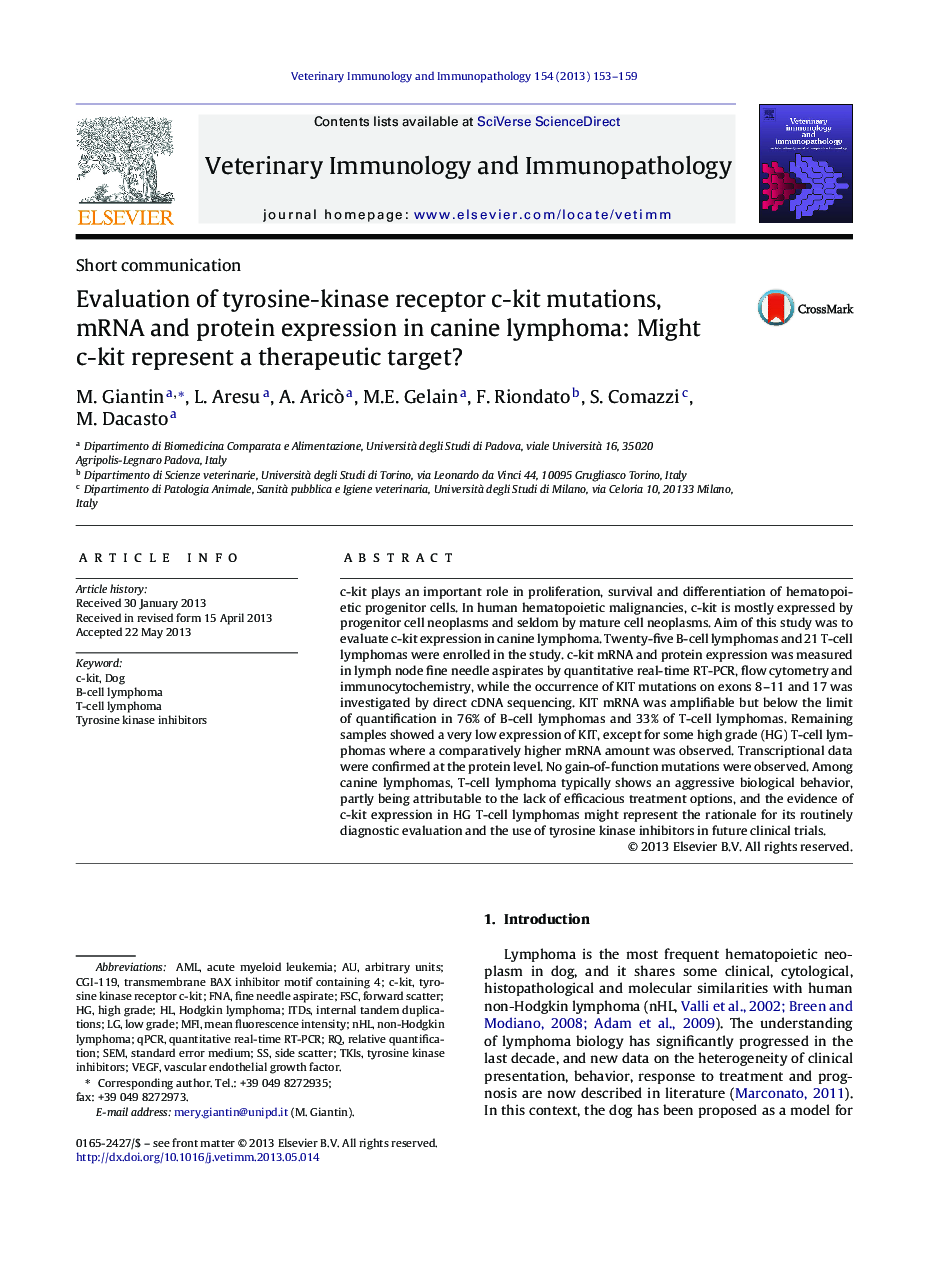 Evaluation of tyrosine-kinase receptor c-kit mutations, mRNA and protein expression in canine lymphoma: Might c-kit represent a therapeutic target?