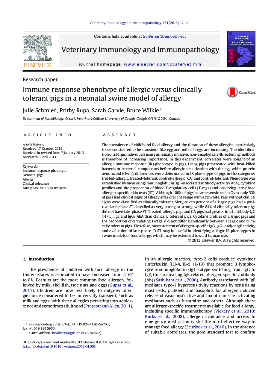 Immune response phenotype of allergic versus clinically tolerant pigs in a neonatal swine model of allergy