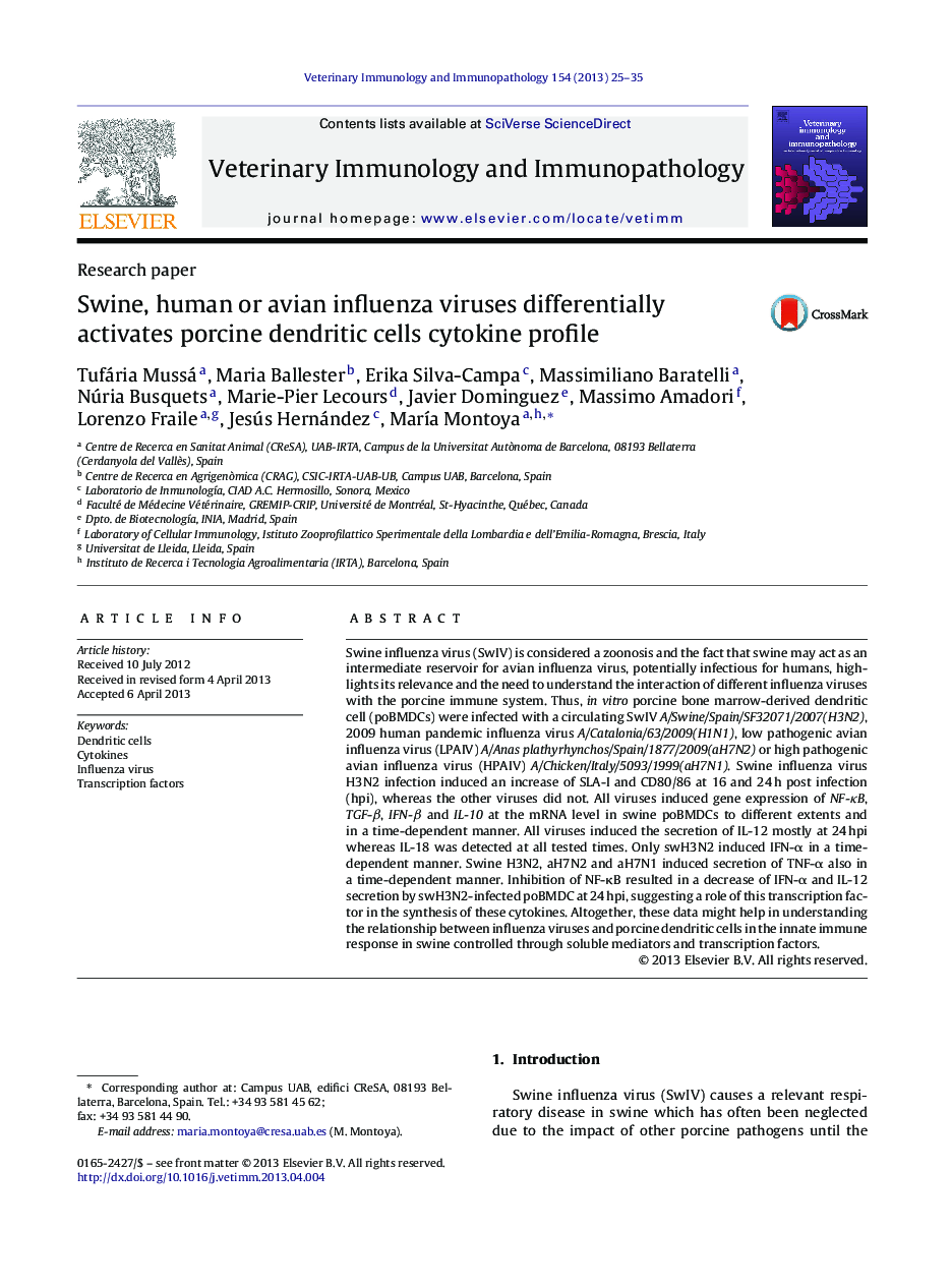 Swine, human or avian influenza viruses differentially activates porcine dendritic cells cytokine profile