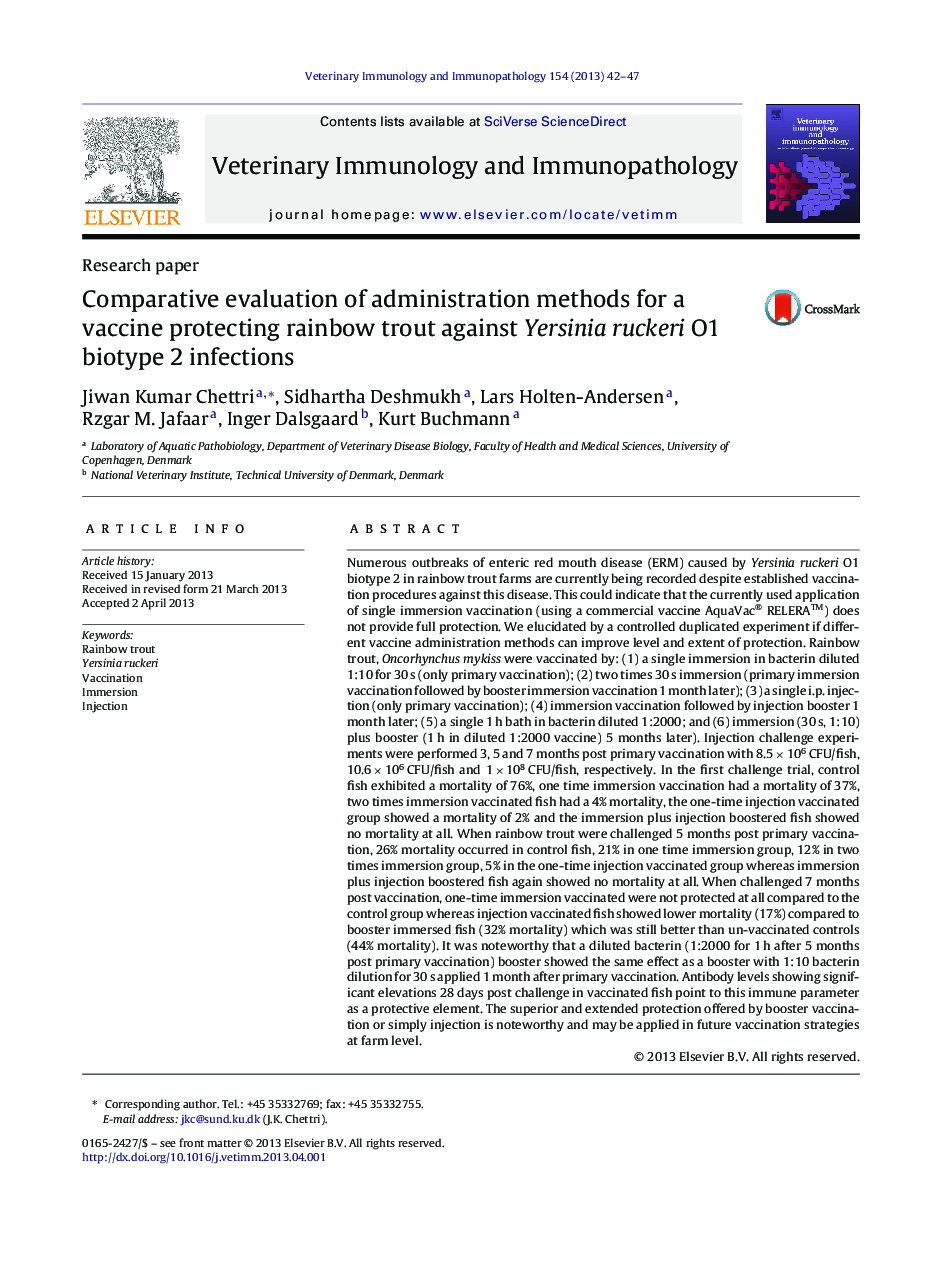 Comparative evaluation of administration methods for a vaccine protecting rainbow trout against Yersinia ruckeri O1 biotype 2 infections