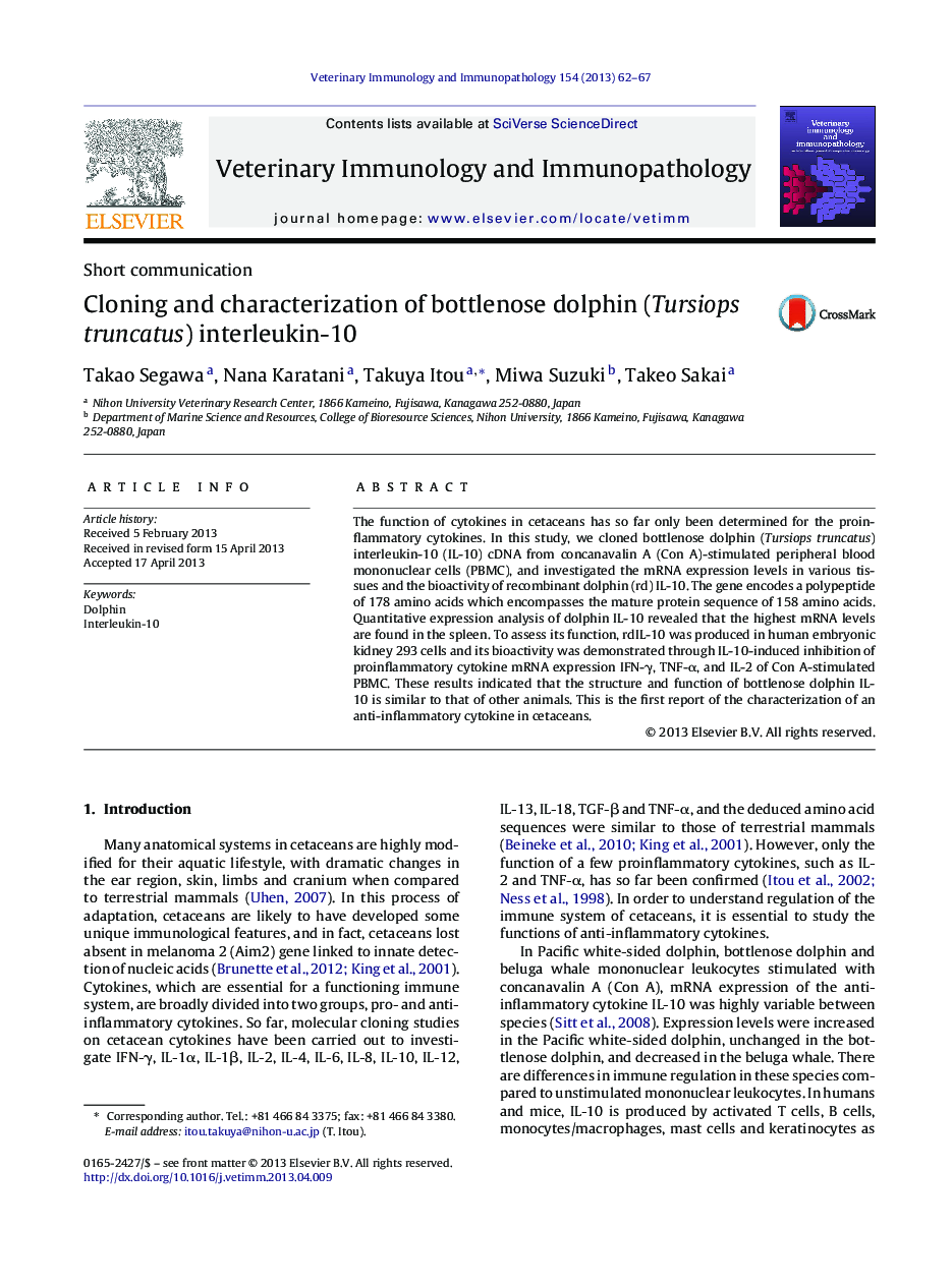 Cloning and characterization of bottlenose dolphin (Tursiops truncatus) interleukin-10