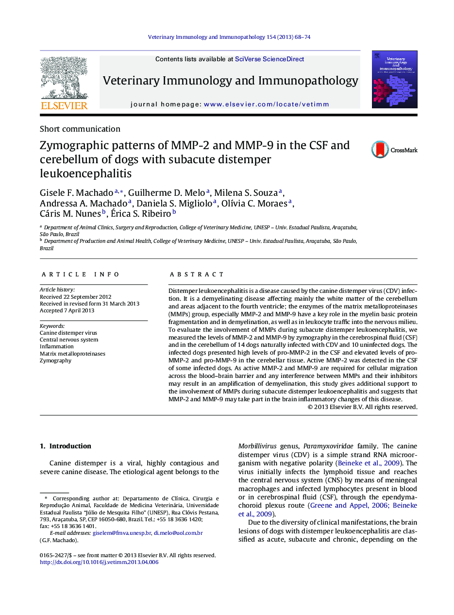 عکس صفحه اول مقاله: Zymographic patterns of MMP-2 and MMP-9 in the CSF and cerebellum of dogs with subacute distemper leukoencephalitis Zymographic patterns of MMP-2 and MMP-9 in the CSF and cerebellum of dogs with subacute distemper leukoencephalitis