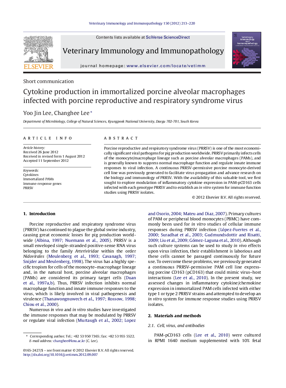 Cytokine production in immortalized porcine alveolar macrophages infected with porcine reproductive and respiratory syndrome virus