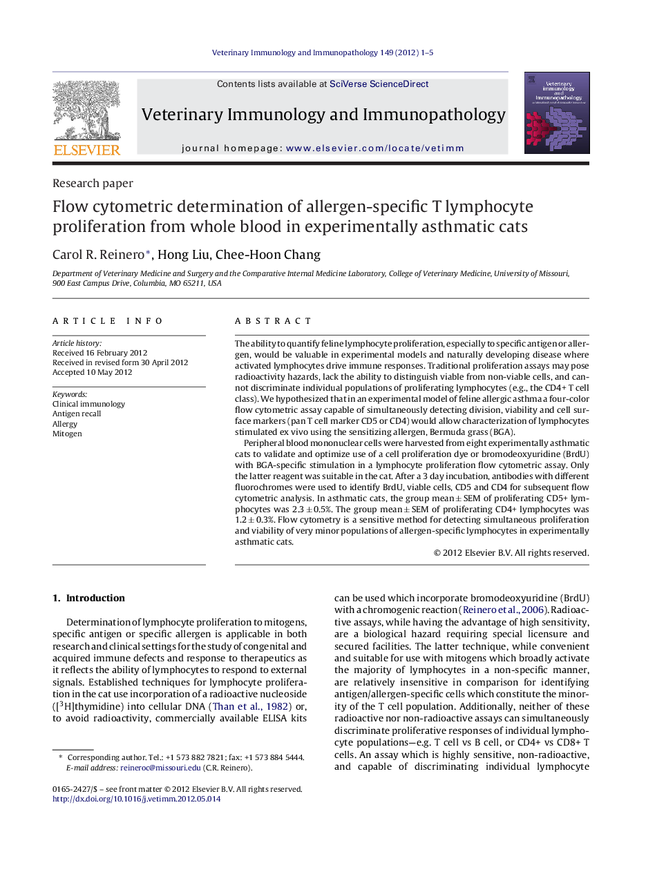 Flow cytometric determination of allergen-specific T lymphocyte proliferation from whole blood in experimentally asthmatic cats