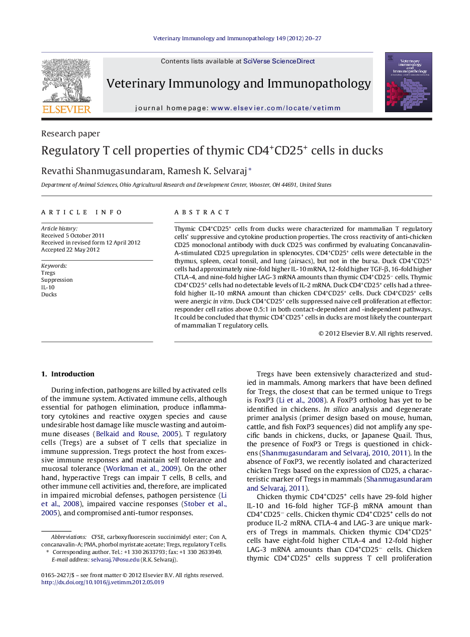 Regulatory T cell properties of thymic CD4+CD25+ cells in ducks