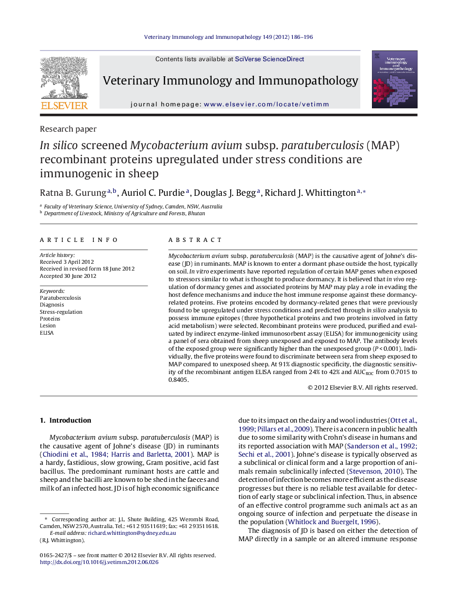 In silico screened Mycobacterium avium subsp. paratuberculosis (MAP) recombinant proteins upregulated under stress conditions are immunogenic in sheep