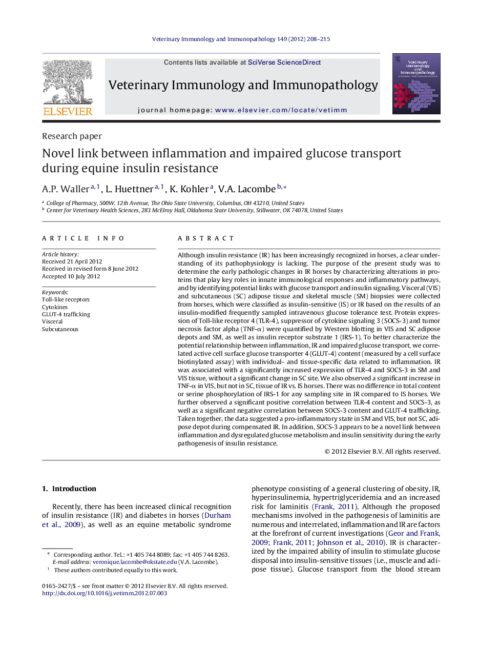 Novel link between inflammation and impaired glucose transport during equine insulin resistance