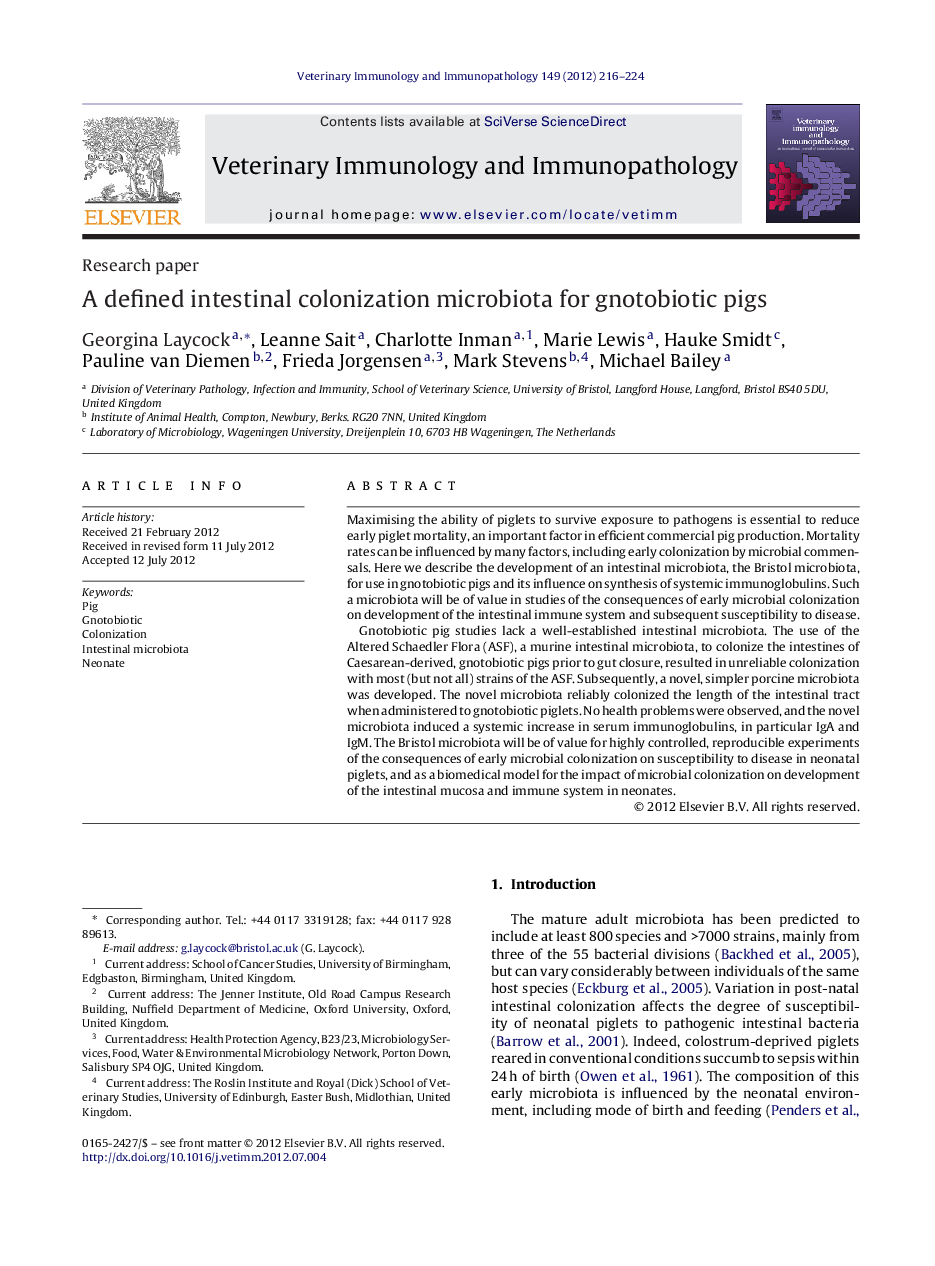 A defined intestinal colonization microbiota for gnotobiotic pigs