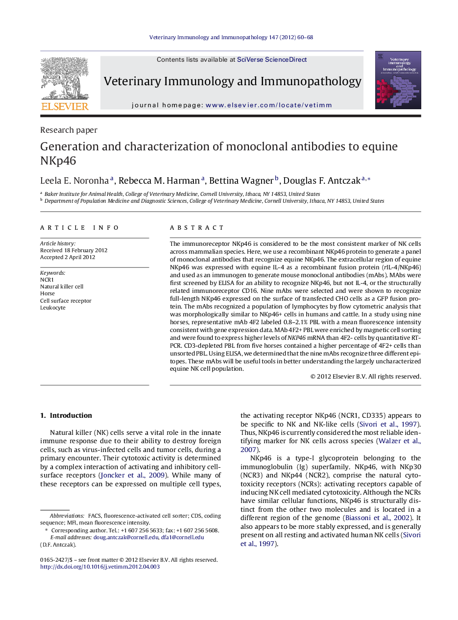 Generation and characterization of monoclonal antibodies to equine NKp46