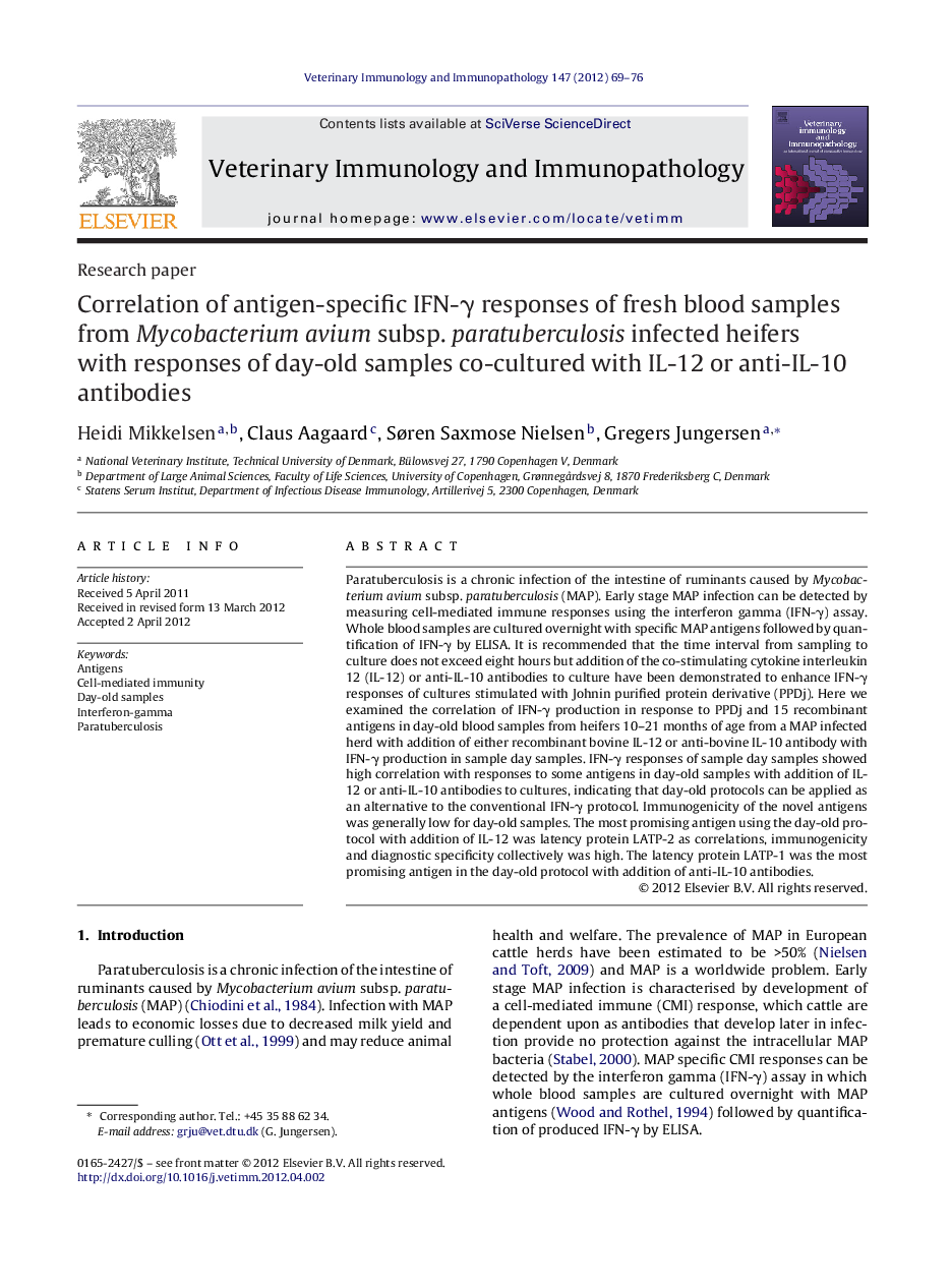 Correlation of antigen-specific IFN-γ responses of fresh blood samples from Mycobacterium avium subsp. paratuberculosis infected heifers with responses of day-old samples co-cultured with IL-12 or anti-IL-10 antibodies