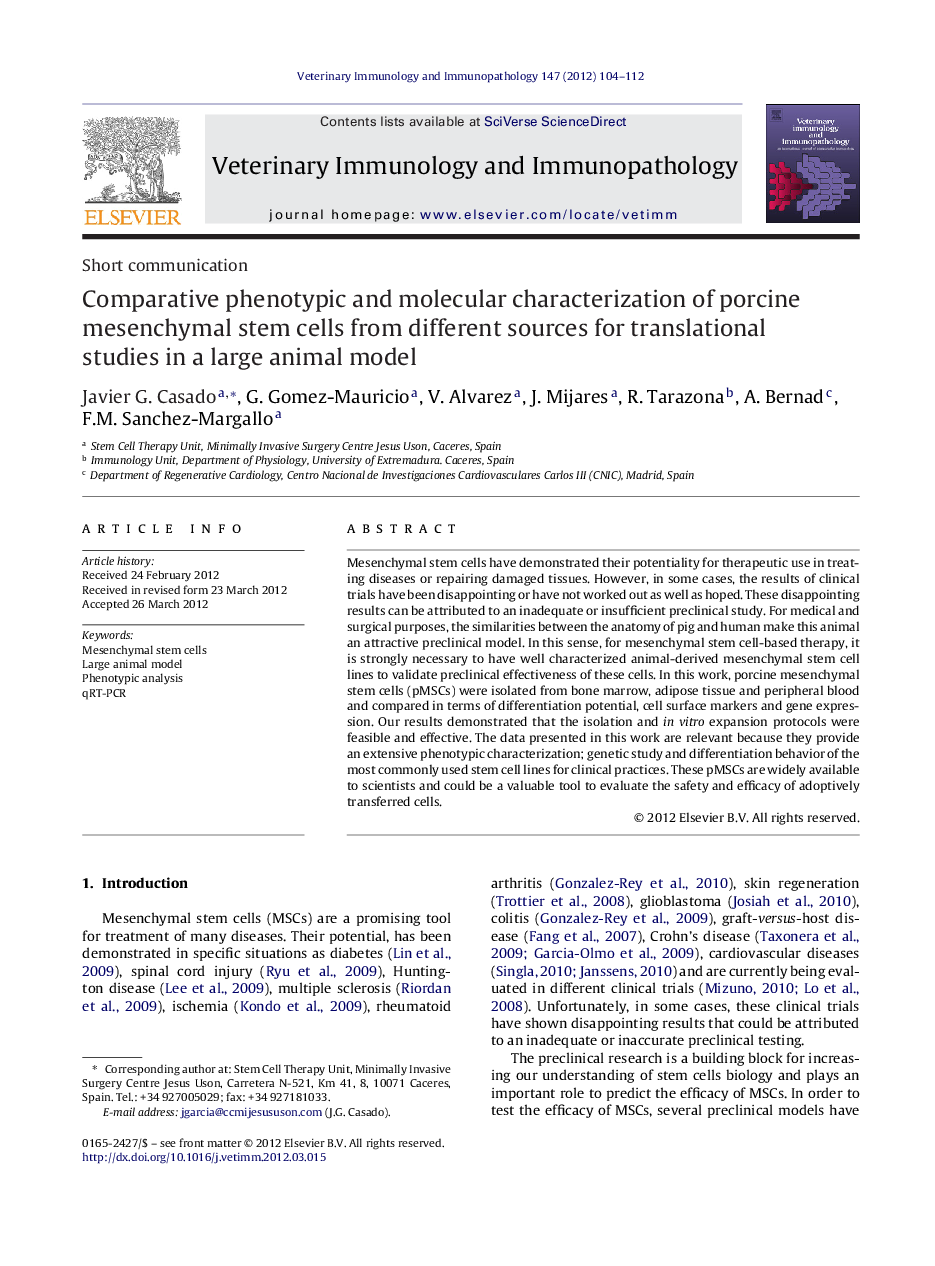 Comparative phenotypic and molecular characterization of porcine mesenchymal stem cells from different sources for translational studies in a large animal model