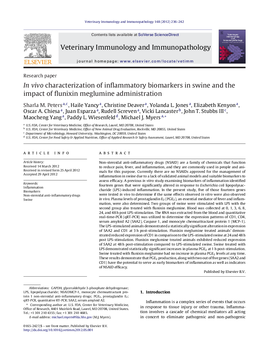 In vivo characterization of inflammatory biomarkers in swine and the impact of flunixin meglumine administration