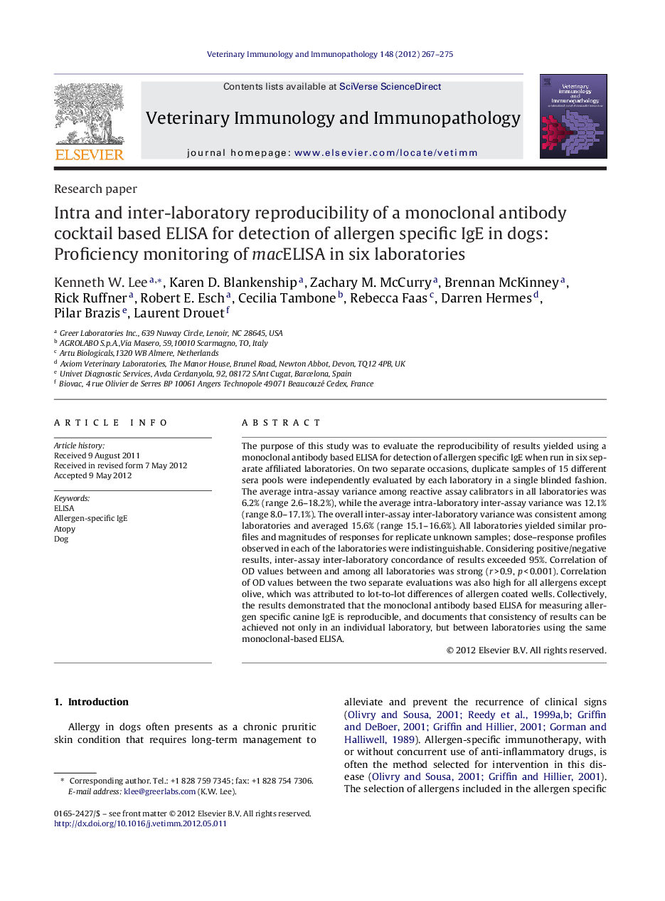 Intra and inter-laboratory reproducibility of a monoclonal antibody cocktail based ELISA for detection of allergen specific IgE in dogs: Proficiency monitoring of macELISA in six laboratories