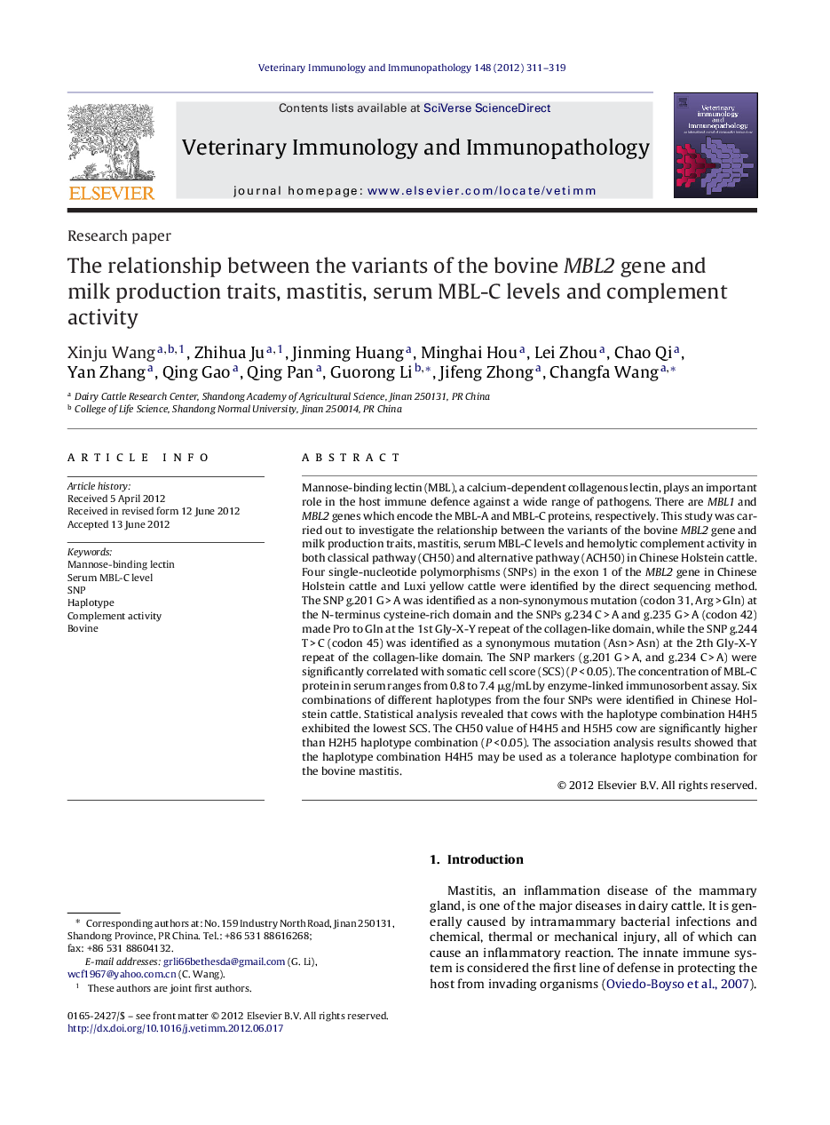 The relationship between the variants of the bovine MBL2 gene and milk production traits, mastitis, serum MBL-C levels and complement activity